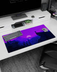 Modern 32x16 inches mouse pad featuring moonlit mountains in purple tones, ideal for a tranquil and vibrant workspace.