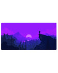 Mouse pad featuring moonlit mountains, 32x16 inches, with purple hues for a vibrant, serene workspace vibe.
