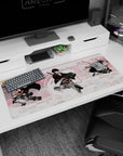 Artistic 36x16 inches mouse pad showcasing Levi Ackerman, combining sakura elegance with battlefield power for a deadly, graceful design.