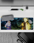 32x12 inches anime mouse pad in steel-blue shadows and Kurama gold glow, warm light on moody backdrop.
