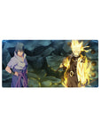32x16 inches anime mouse pad featuring Naruto vs Sasuke on cracked rock with floating orbs and glow.
