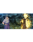 36x16 inches anime desk pad with Naruto and Sasuke clash on cracked rock, orbs floating overhead.