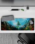 32x12 inches mouse pad with a mountain sanctuary, vibrant flowers, waterfalls, and rugged cliffs, perfect for a peaceful workspace.