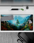 32x16 inches mouse pad showcasing a mountain sanctuary with vibrant flowers, waterfalls, and rugged cliffs for a grand, peaceful atmosphere.