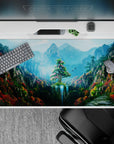 40x20 inches mouse pad showcasing a mountain sanctuary with vibrant flowers, cascading waterfalls, and rugged cliffs for tranquility.