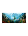 Mouse pad with a mountain sanctuary, 28x12 inches, featuring vibrant flowers, waterfalls, and rugged cliffs for peace and awe.