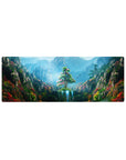 Compact 32x12 inches mouse pad with a mountain sanctuary, featuring vibrant flowers, cascading waterfalls, and rugged cliffs for serenity.