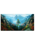 Mouse pad with a mountain sanctuary, 32x16 inches, featuring vibrant flowers, cascading waterfalls, and rugged cliffs for serenity.