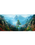Mouse pad featuring a mountain sanctuary, 36x16 inches, with vibrant flowers, cascading waterfalls, and rugged cliffs for serenity.