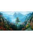Mouse pad featuring a mountain sanctuary, 40x20 inches, with vibrant flowers, waterfalls, and rugged cliffs for a serene, awe-inspiring design.