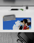28x12 inches anime mouse pad in cool blues and warm browns, calm intimate mood with soft skin tones.