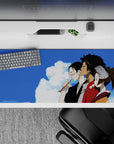 36x16 inches anime desk pad in calm blues and warm browns, serene cinematic vibe with soft skin tones.