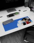 Side-profile trio anime mouse pad 32x12 inches, black kimono and glasses, red robe, turquoise earring.