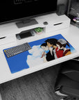 Anime mouse pad 32x16 inches showing side-profile trio: black kimono with glasses, red robe, turquoise earring.