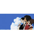36x16 inches anime desk pad with three friends in side profile under a wide blue sky, crisp line art.