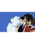 40x20 inches anime desk pad with three friends in side profile under a blue sky, crisp line art.