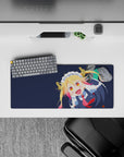 28x12 inches anime mouse pad in deep navy with blonde hair, pink tips, bright red tie, playful mood.
