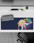 32x12 inches anime girl mouse pad in deep navy with glowing blonde hair, pink tips, playful cozy vibe.