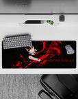 Intense 32x12 mouse pad features Akame’s iconic look and manga panels with intricate crimson details for fans of striking artistry
