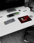 Iconic 14x10 mouse pad celebrates Akame Manga Fusion with black-and-white panels, deep crimson splashes, and manga-inspired sophistication