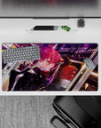 32x16 inches anime mouse pad in deep black and crimson with purple neon streaks, cozy late-night vibe.