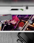 36x16 inches anime desk pad in deep blacks, crimson scarf hues, and purple neon streaks for a cozy vibe.