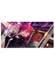 32x16 inches anime girl mouse pad with red-haired kawaii girl, peace sign pose, neon city sparkle art.