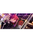 Anime girl desk pad 36x16 inches with red-haired character, peace sign pose, neon city sparkle art.