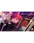 Anime girl desk pad 40x20 inches with red-haired cute character flashing a peace sign in neon city glow.