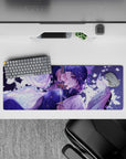 Anime mouse pad 32x12 inches featuring Shinobu from Demon Slayer with lilac and white butterflies in moonlight.