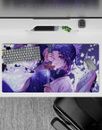 Mouse pad 32x16 inches featuring Shinobu from Demon Slayer, lilac butterflies, and her katana in a moonlit scene.