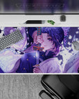 Anime desk pad 40x20 inches featuring Shinobu from Demon Slayer with lilac, white butterflies, and a katana in moonlight.