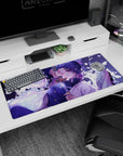 Shinobu Demon Slayer desk pad 36x16 inches with lilac and white butterflies, showcasing her haori and katana in moonlight.