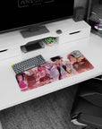 28x12 inches anime mouse pad showing a grinning chaotic girl beside a cool silver-haired teammate at sunset.