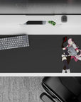 36x16 inches anime desk pad in bold pink and black tones, flirty confident vibe on a clean gray background.