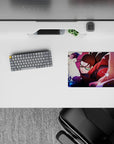 14x10 inches anime mouse pad with crimson jacket, purples and inky blues, stormy spark vibe for desk setups.