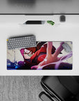 28x12 inches anime mouse pad in crimson, purple, and inky blue storm-spark palette for a bold desk vibe.