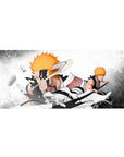 Mouse pad featuring Ichigo Kurosaki vs Vasto Lorde form, 36x16 inches, with bold contrasts and shattered debris for an intense Bleach design.