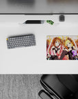 Anime girl mouse pad 14x10 inches in warm peach lights, candy pink tones, and soft gold glow, cute sparkle.