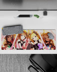 32x12 inches anime girl mouse pad in warm peach light, candy pink tones, and soft gold glow for a cute desk mood.