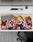 Anime girl mouse pad 32x16 inches in warm peach lights, candy pinks, and soft gold glow.