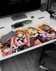 Anastasia with Uzuki, Mika, and Rika on anime girl desk pad 40x20 inches, flirty lace and ribbons.