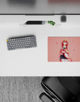 Soft pink blush anime mouse pad 14x10 inches, cozy cute vibe with tiny hearts and warm smiling girl.