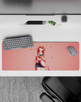 Pink blush anime desk mat mouse pad 32x12 inches, cozy cute vibe with tiny hearts and soft tones.