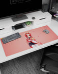 36x16 inches Monster Musume Miia desk pad, smiling lamia with curled tail on a heart-filled backdrop.