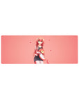 Anime girl mouse pad 32x12 inches with Miia lamia art, floating hearts, and smooth gaming surface.