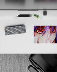 Lavender haze and sharp highlights on a classic anime mouse pad 14x10 inches, intense dramatic vibe.