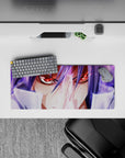 Anime mouse pad 28x12 inches in soft lavender haze with neon streaks, intense battle-focus mood, and glow.