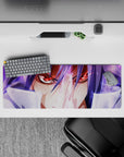 Lavender haze anime mouse pad 32x12 inches, dramatic battle vibe with glowing accents and bold reds.
