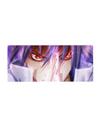 Anime mouse pad 28x12 inches with fierce red-eyed warrior, violet hair, neon highlights, and sharp detail.